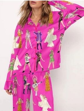 Taylor Swift Eras Tour Silky Satin Pajama Set Hot Pink Wmn's Sm